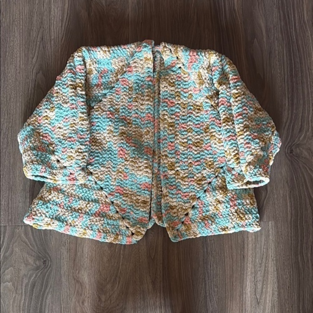Vintage chunky handmade knit, multicolored cardigan and hat medium - Picture 3 of 12